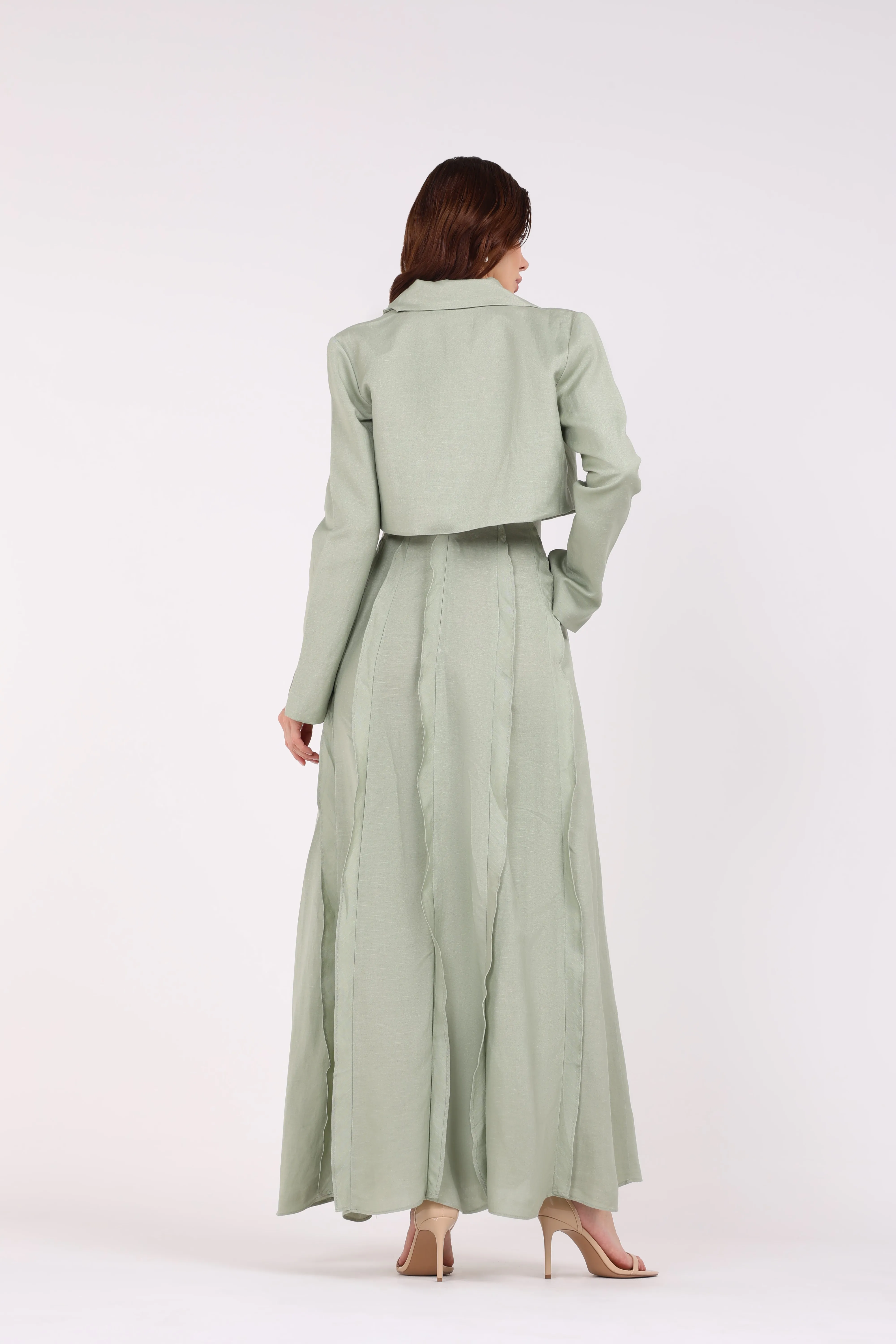 2443018-Cropped Solid Slit Blazer with Ruffled Solid Maxi Dress
