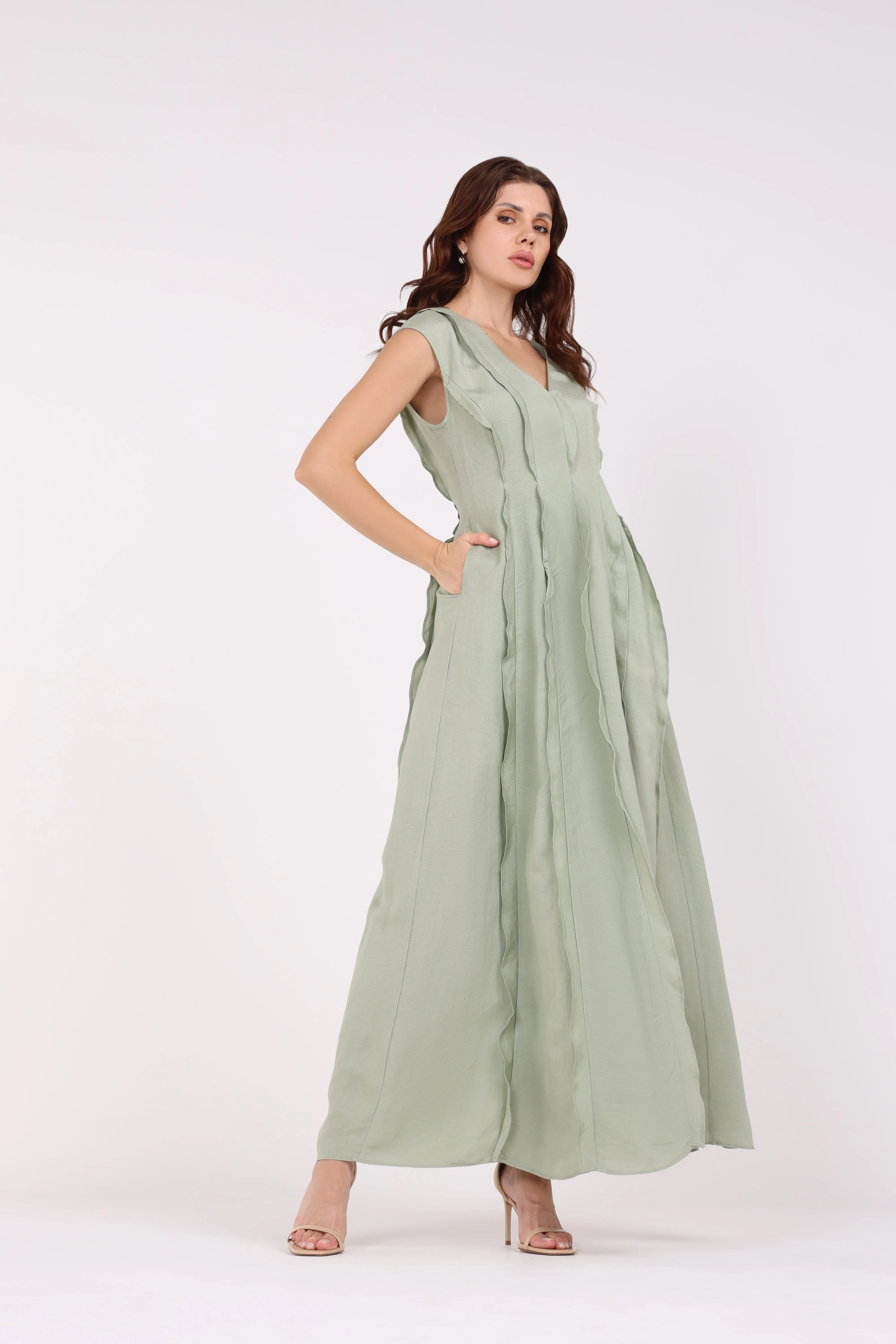 2443018-Cropped Solid Slit Blazer with Ruffled Solid Maxi Dress