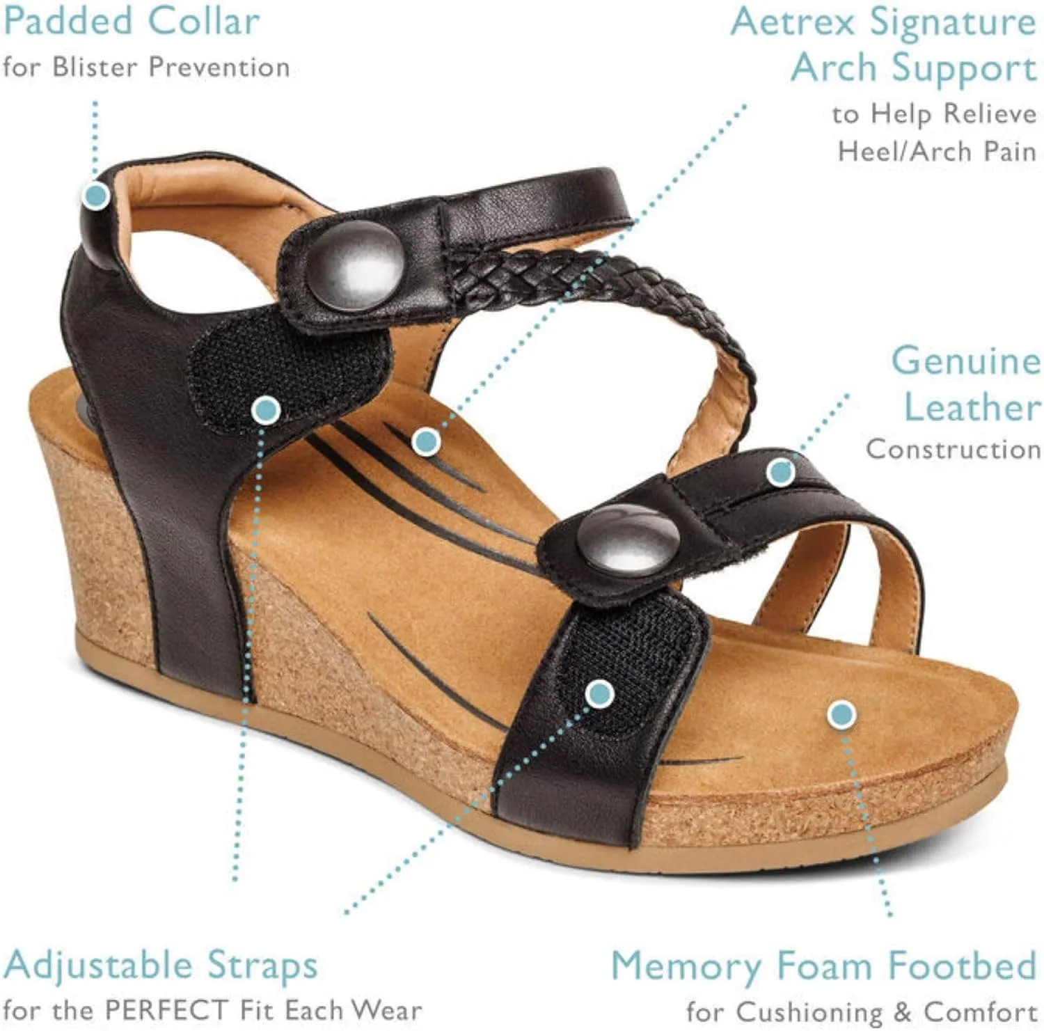 Aetrex Avril Orthopedic Platform Quarter Strap Low Heel Wedge Sandals for Women- Leather Memory Foam Footbed Arch Support Espadrilles Wedges for Women