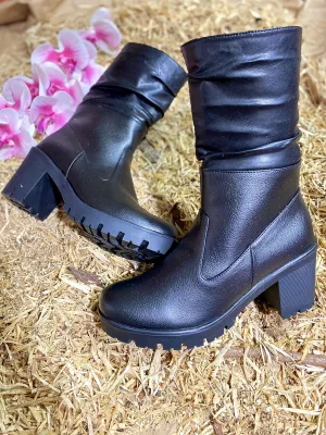 Black Mid-Calf Leather Boots Block Heel