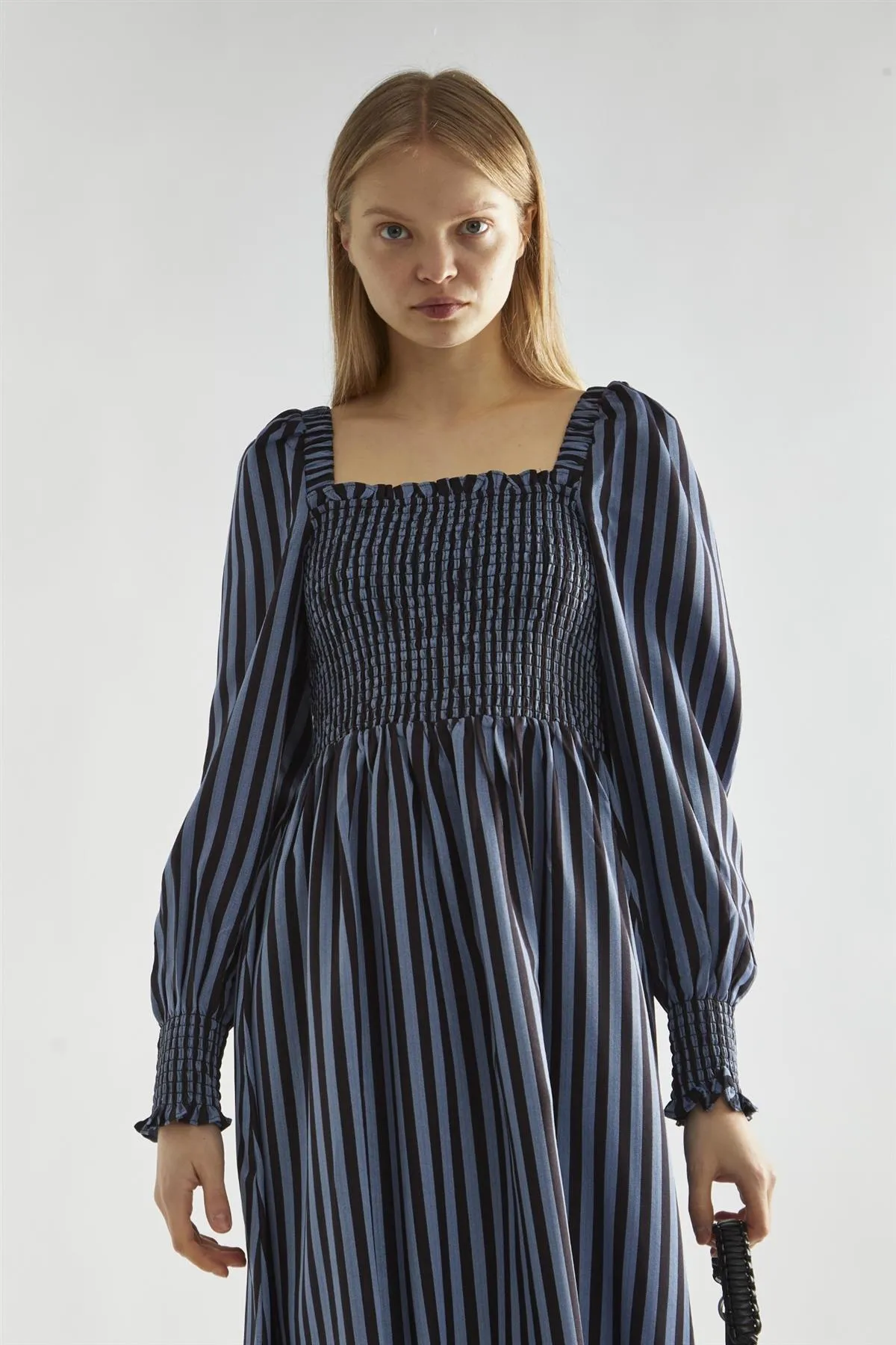 Blue-Black Stripe Shirred Midi-Dress