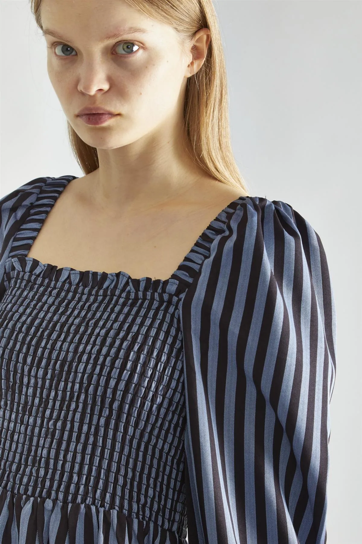 Blue-Black Stripe Shirred Midi-Dress