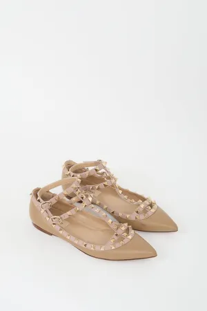 Brown Leather Rockstud Caged Flat