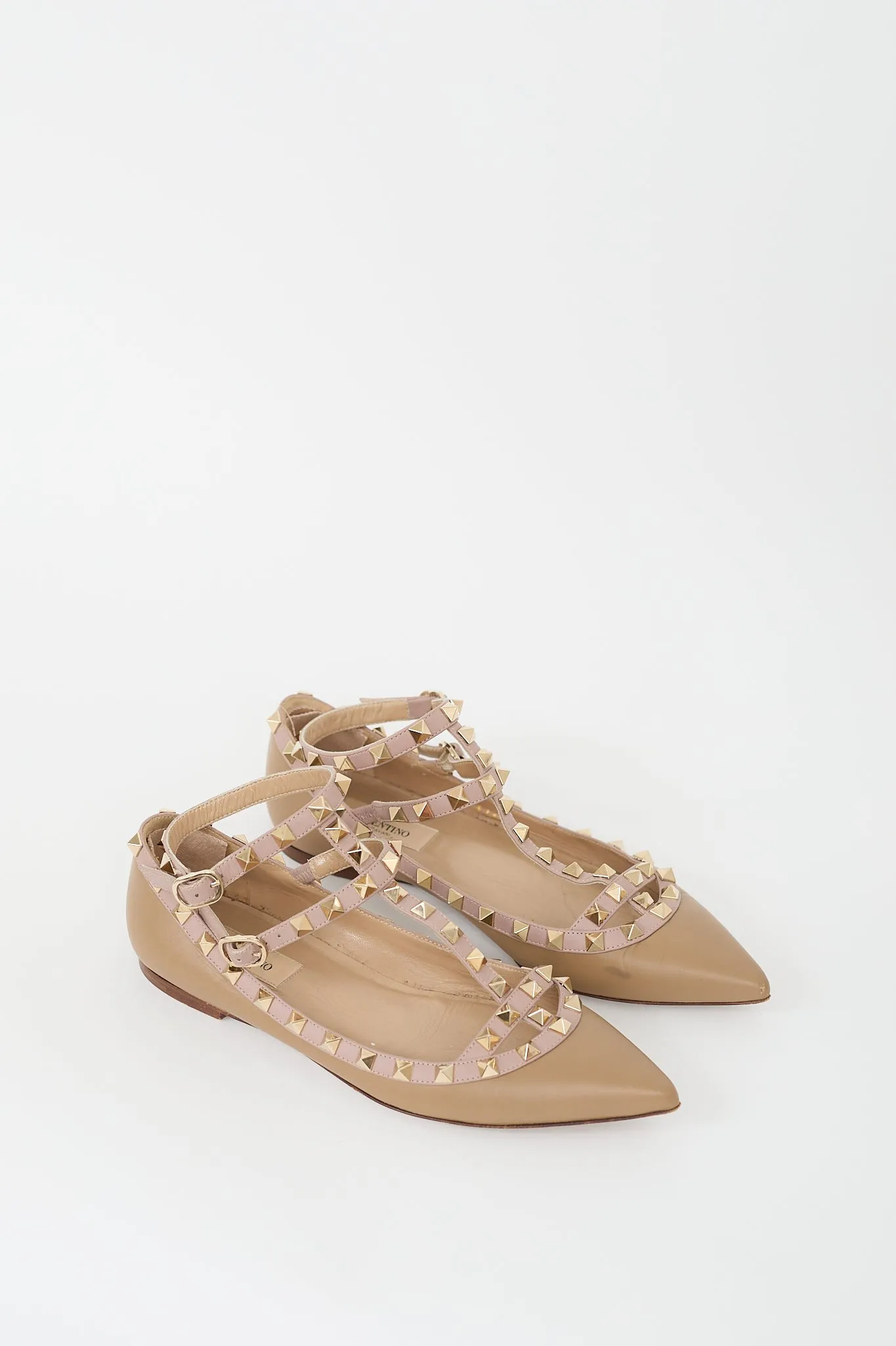 Brown Leather Rockstud Caged Flat