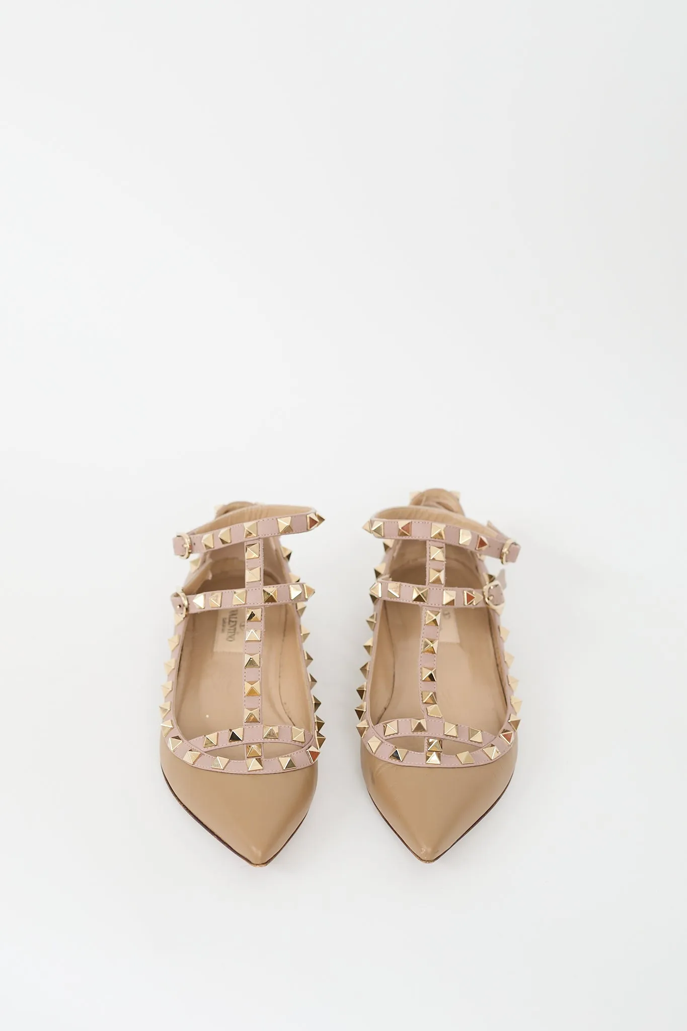 Brown Leather Rockstud Caged Flat