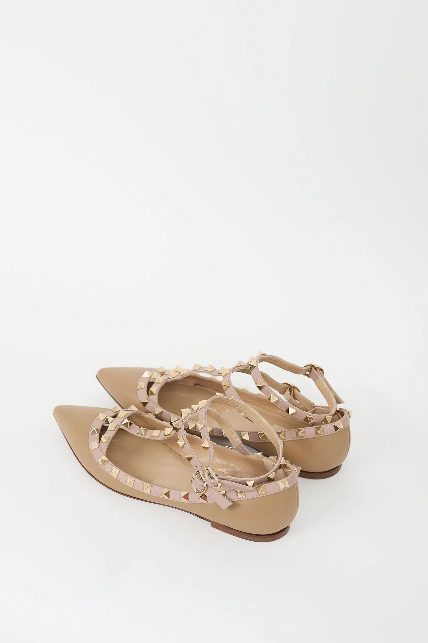 Brown Leather Rockstud Caged Flat