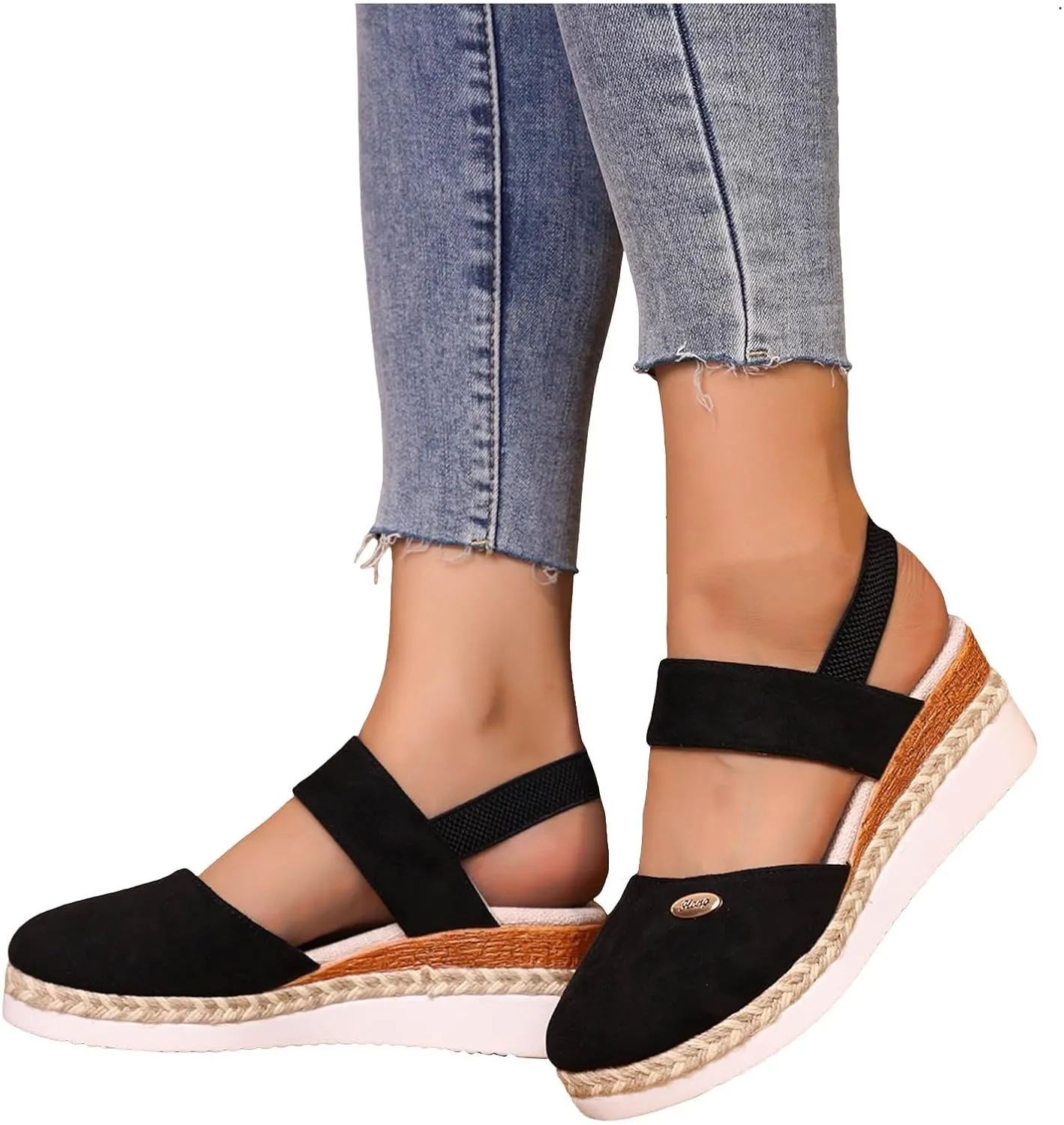 Closed Toe Platform Wedge Sandals 2025 Espadrilles Wedges for Women Heel Ladies Comfortable Cork Summer Dress Shoes for Beach Wedding with Adjustable Buckle Ankle Strap