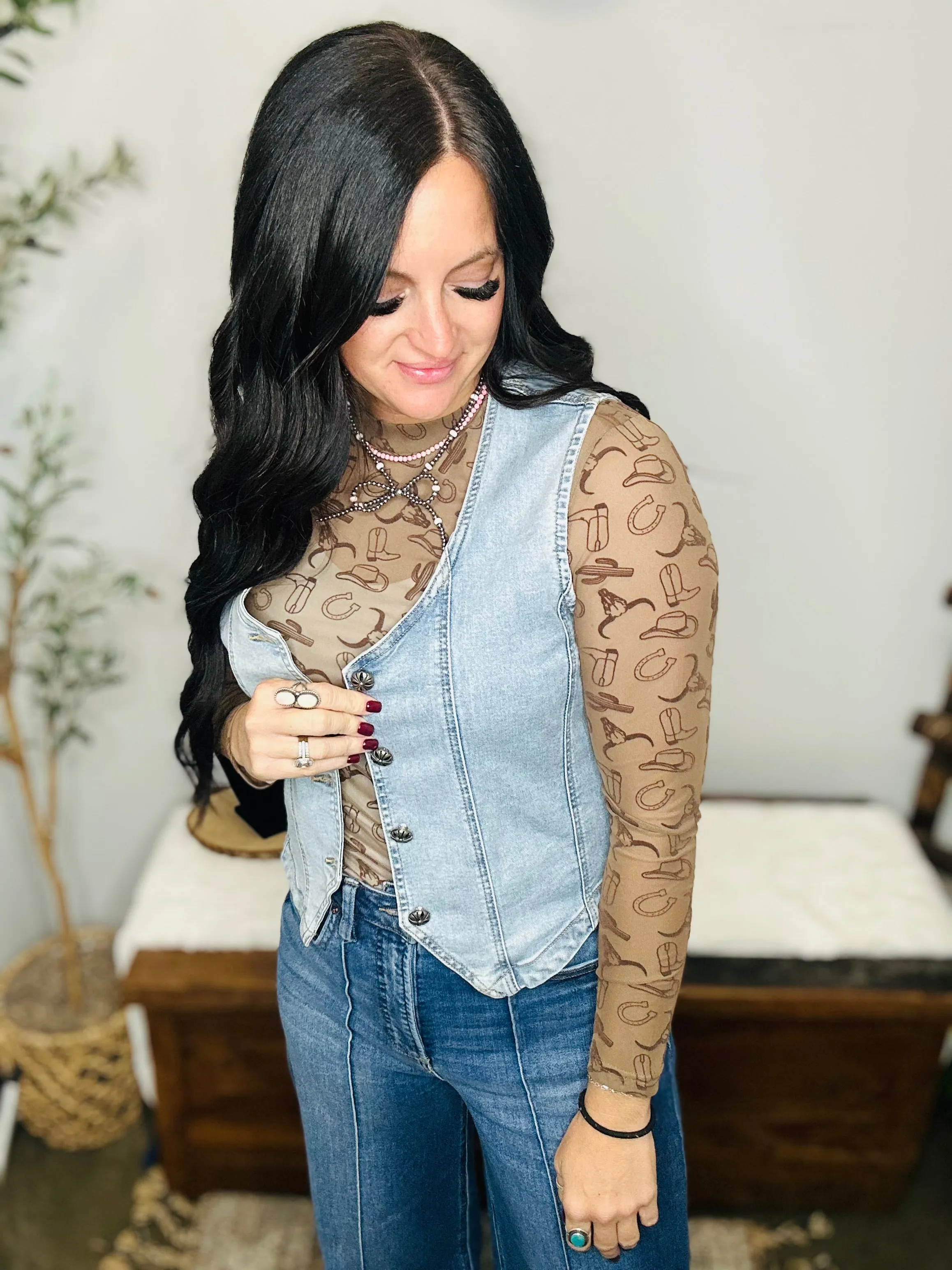 Country Western Mesh Long Sleeve Top