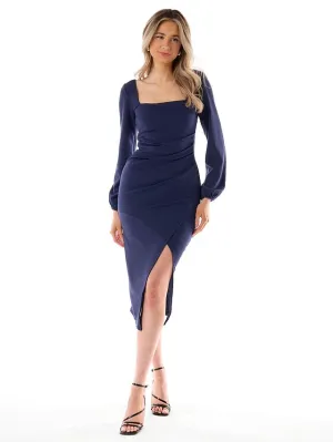 Envy Grace Vintage Square Neck Cinch Midi Dress - Navy