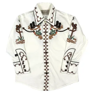 Kid's Cactus & Cowboy Boots Embroidered Western Shirt in Ivory