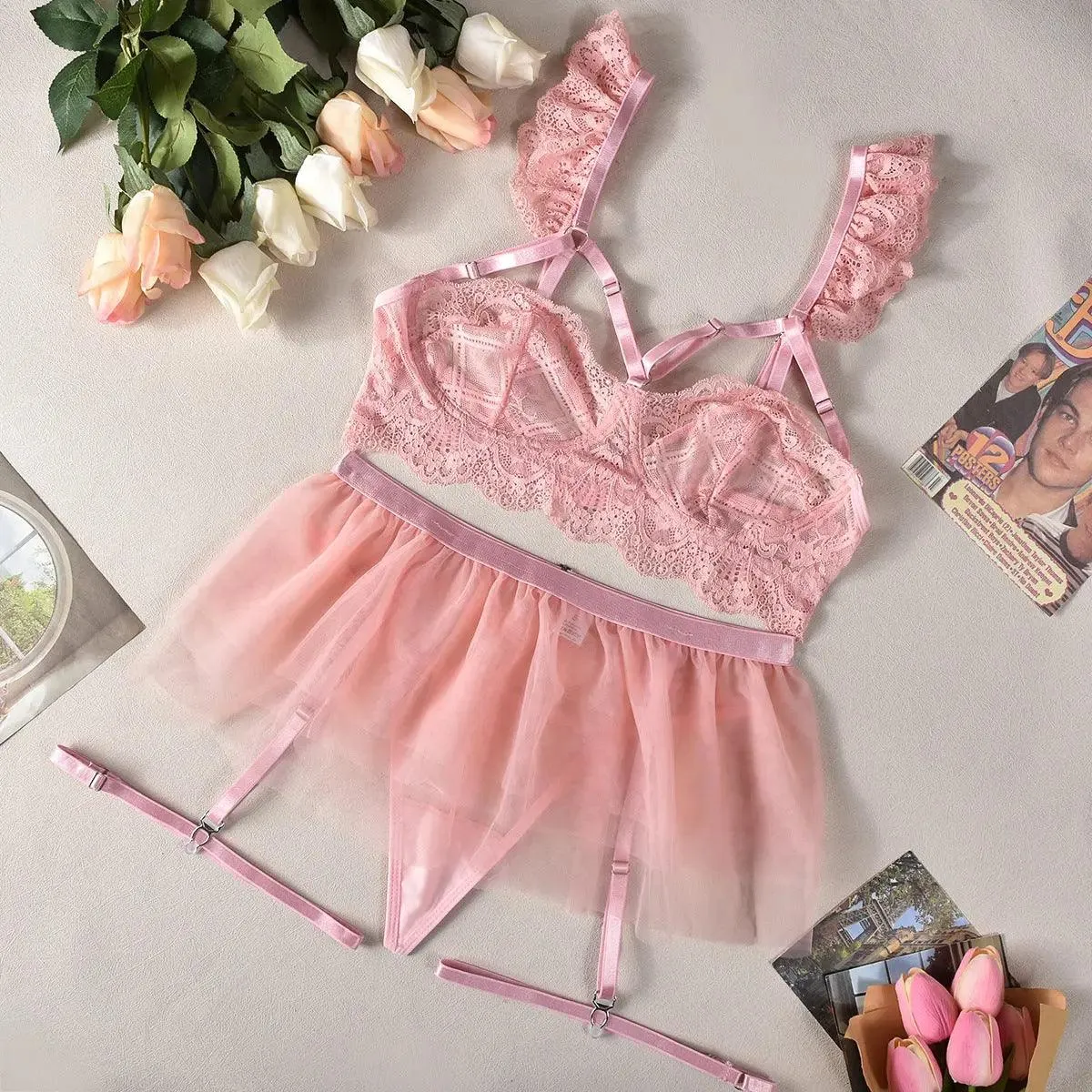 Lace Gather Comfortably Tulle Skirt Four-piece Set