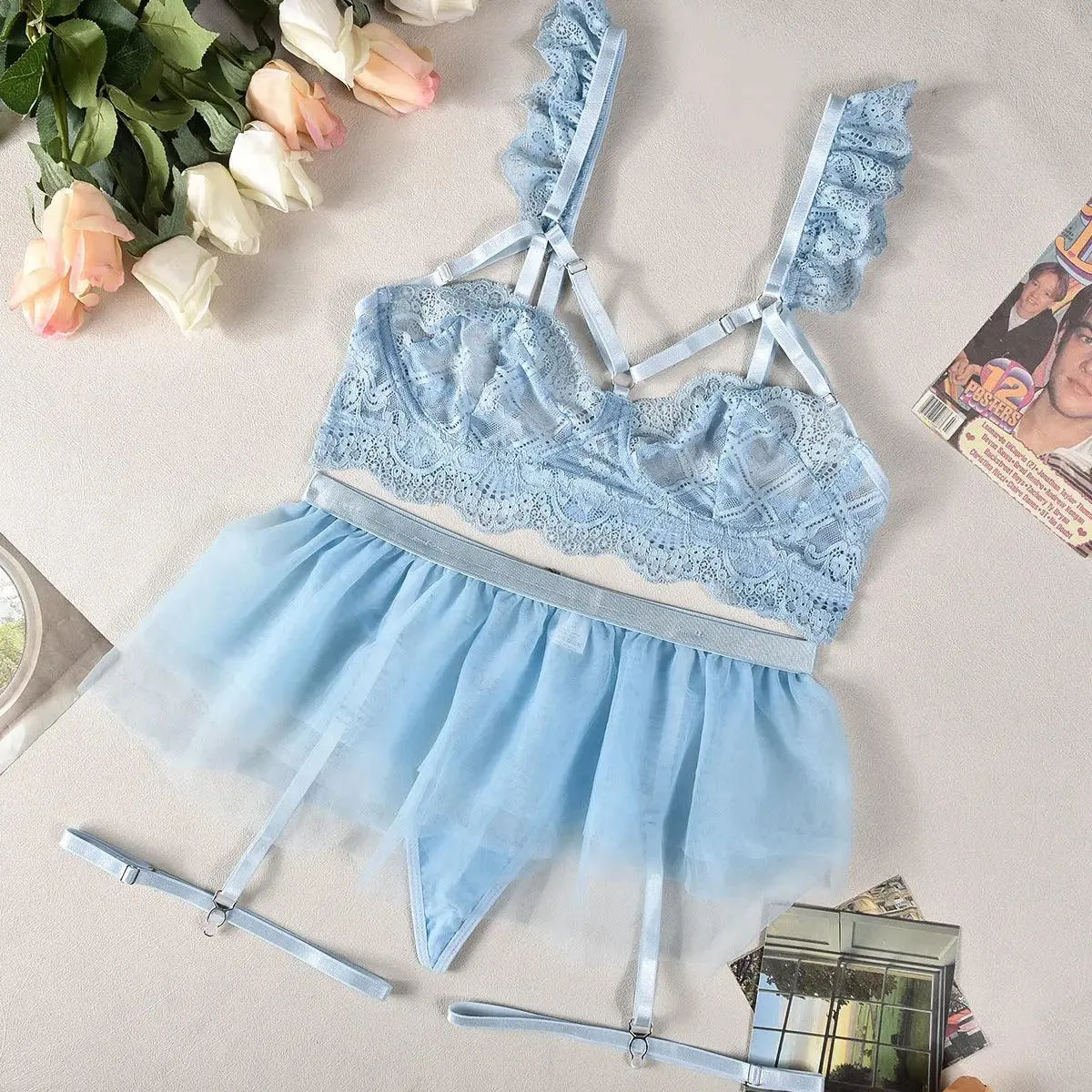 Lace Gather Comfortably Tulle Skirt Four-piece Set