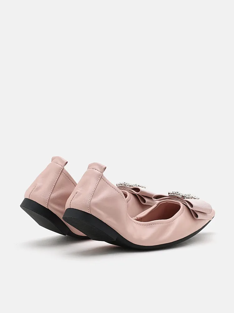 Leslie Diamante Bow Pointed Toe Foldable Flats