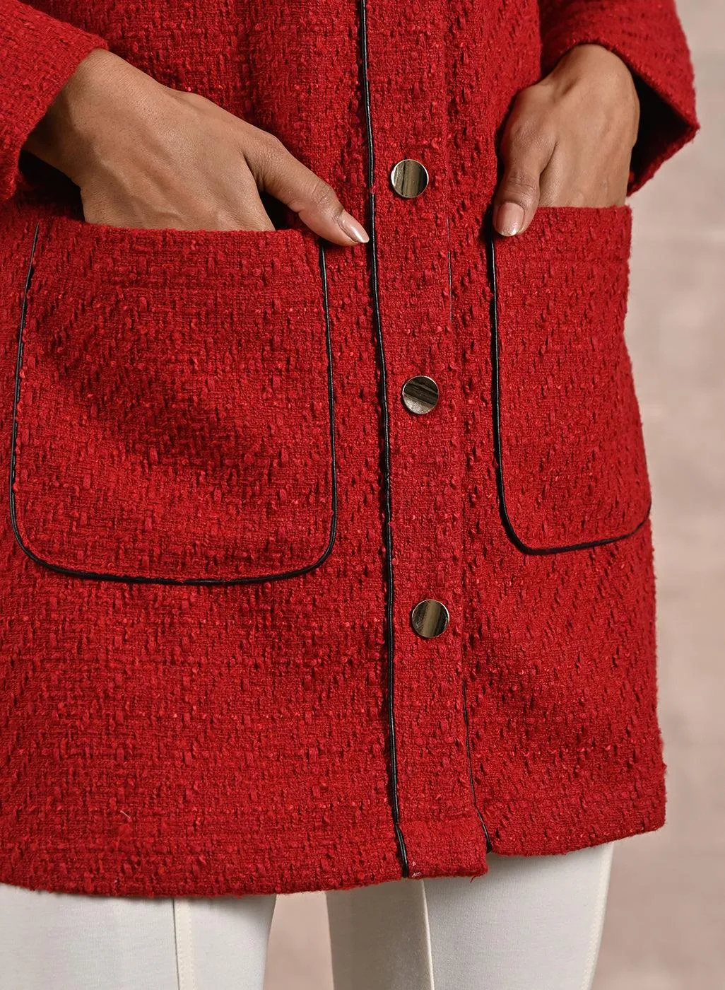 Red Long Sleeve Textured Jacket with Metallic Buttons