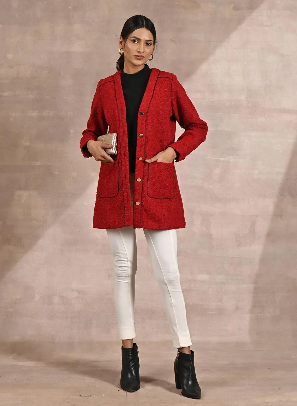 Red Long Sleeve Textured Jacket with Metallic Buttons