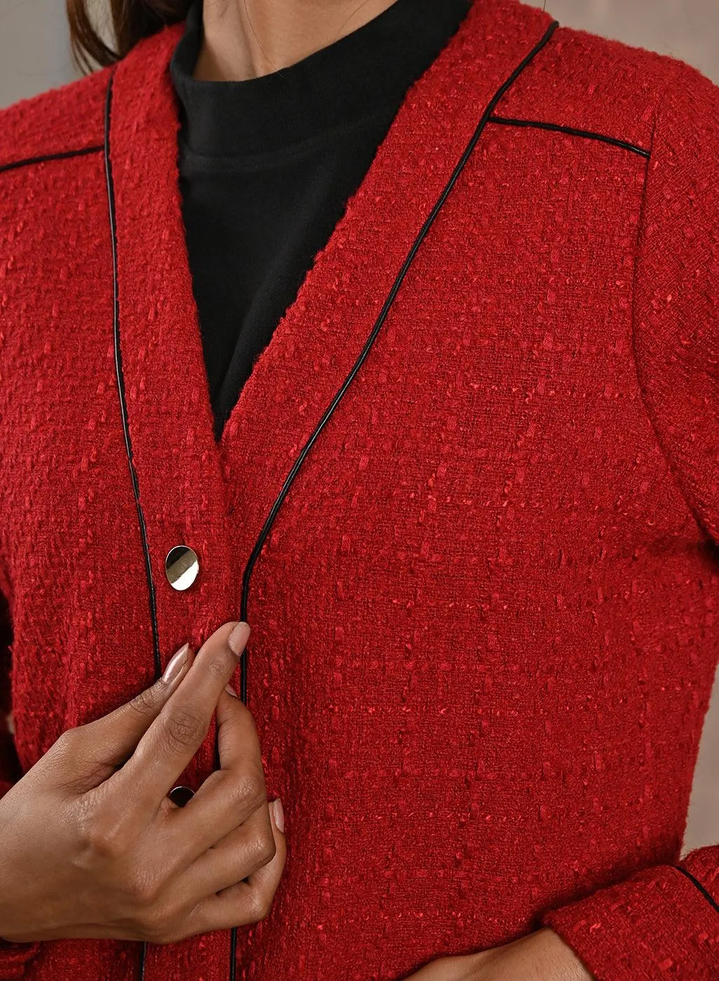 Red Long Sleeve Textured Jacket with Metallic Buttons
