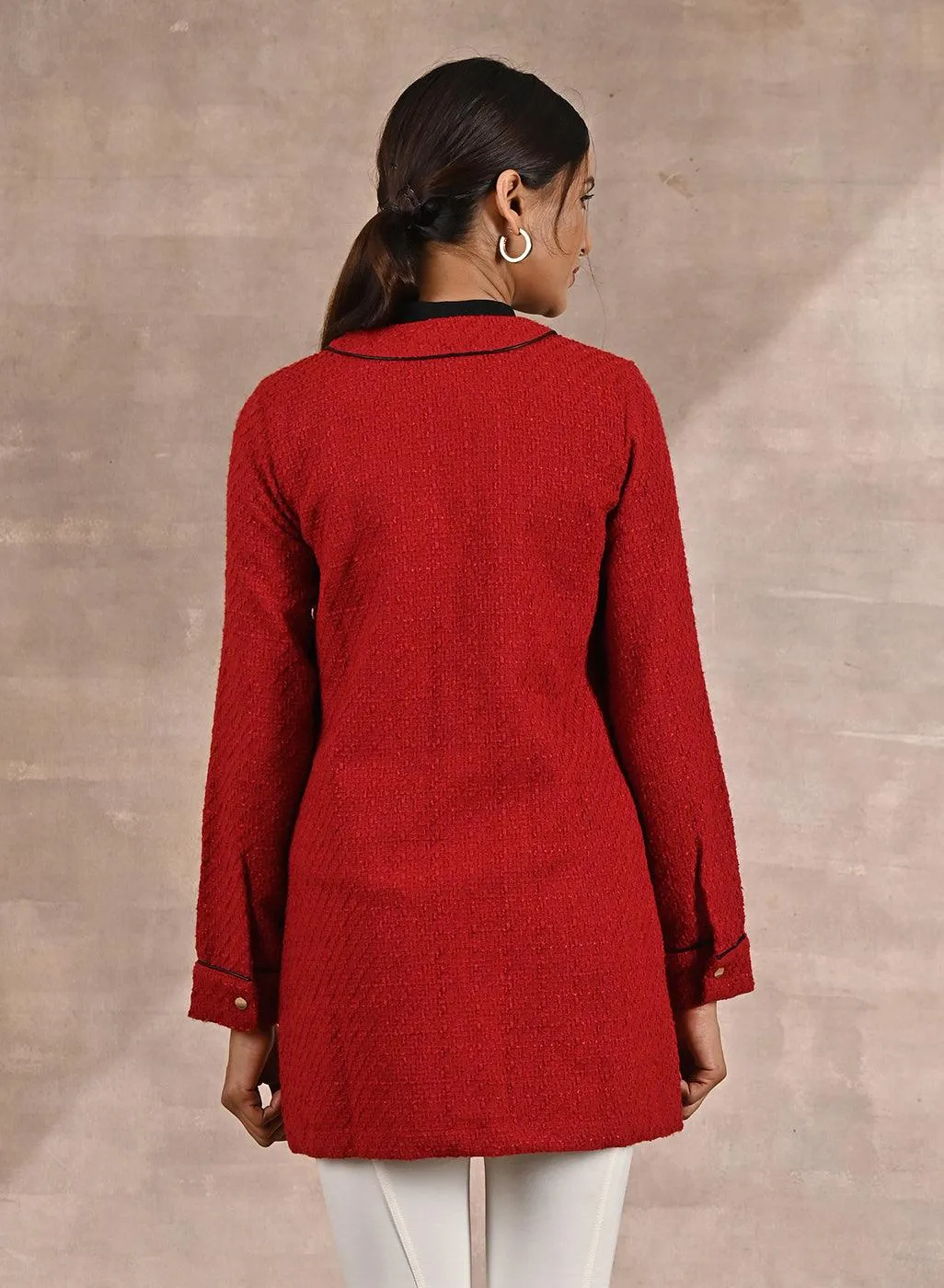 Red Long Sleeve Textured Jacket with Metallic Buttons