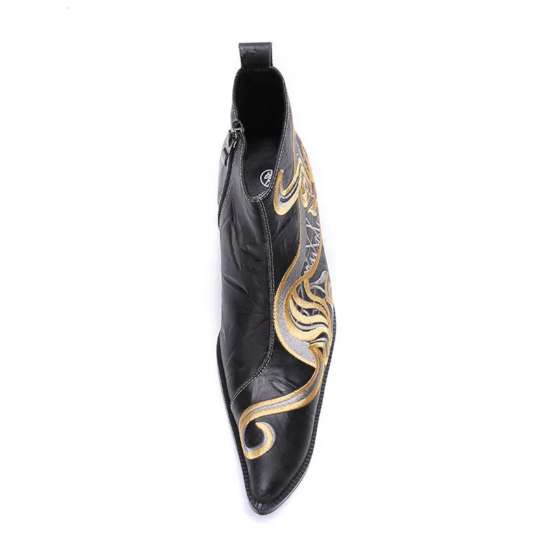 Stylized Tiger Embroidery Genuine Leather Men Cowboy Boots