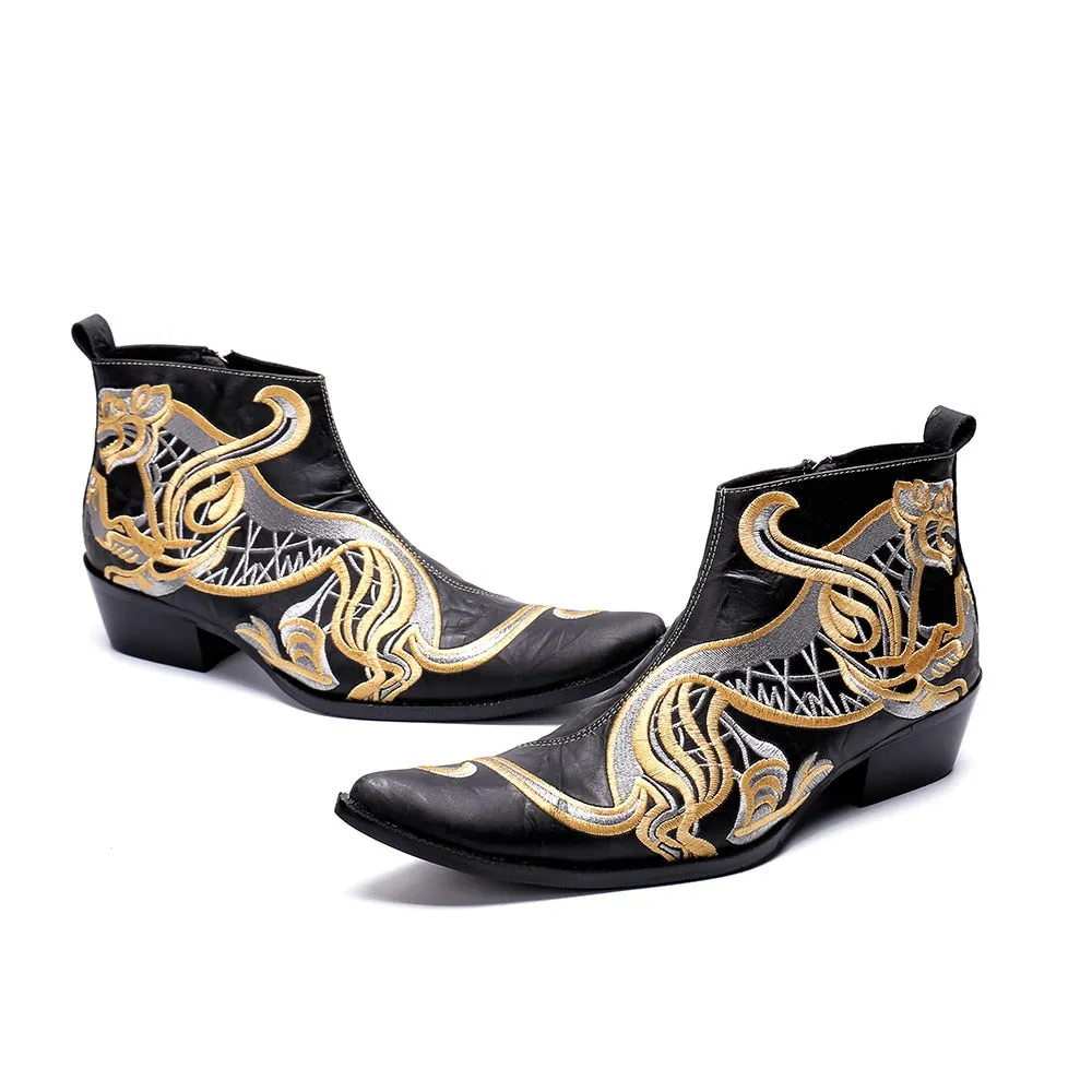 Stylized Tiger Embroidery Genuine Leather Men Cowboy Boots