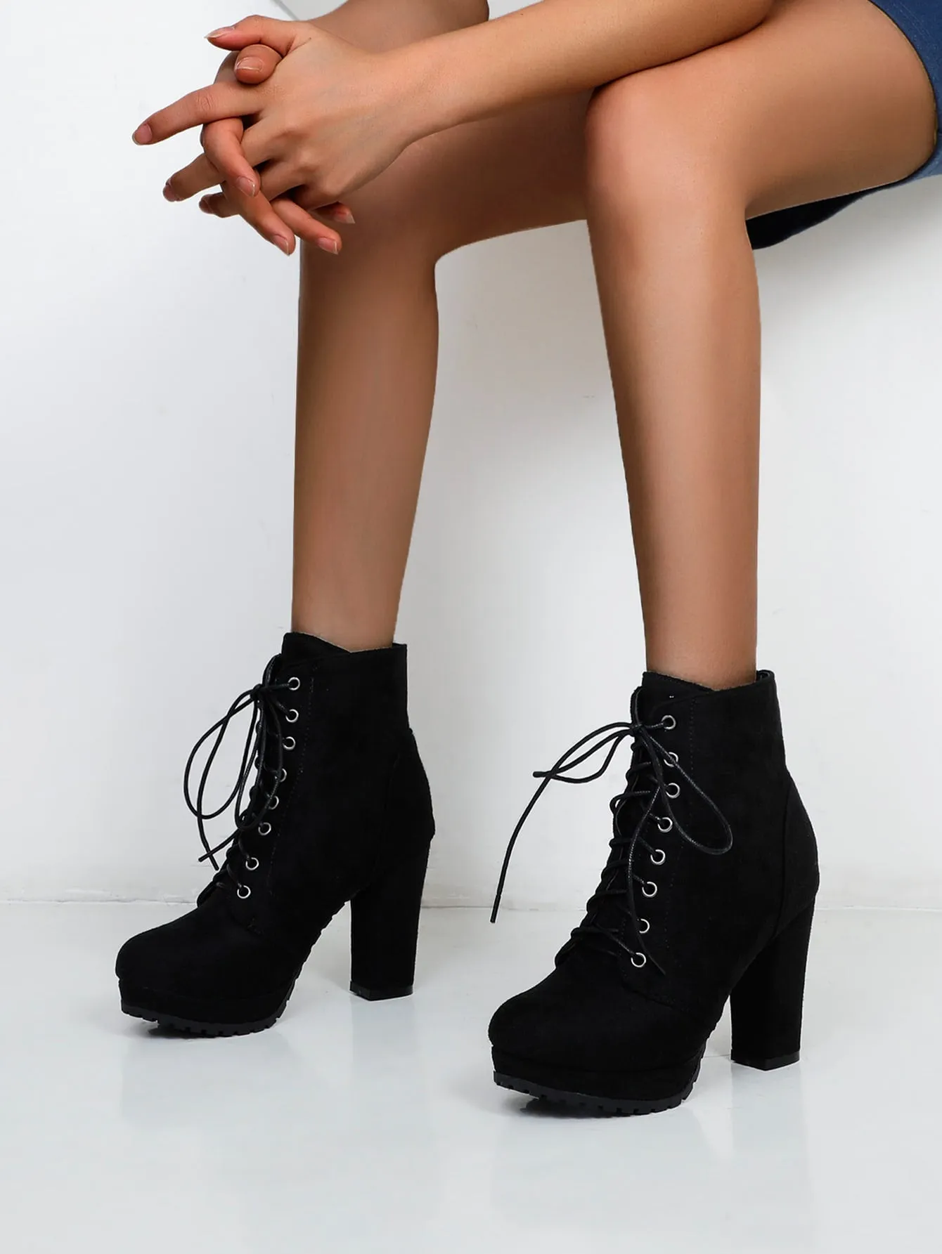 Women Minimalist Lace Up Side Zip Chunky Heeled Combat Boots