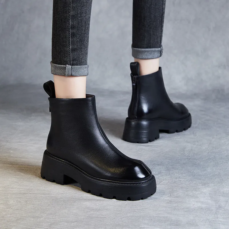 Women Minimalist Retro Leather Chunky Sole Boots