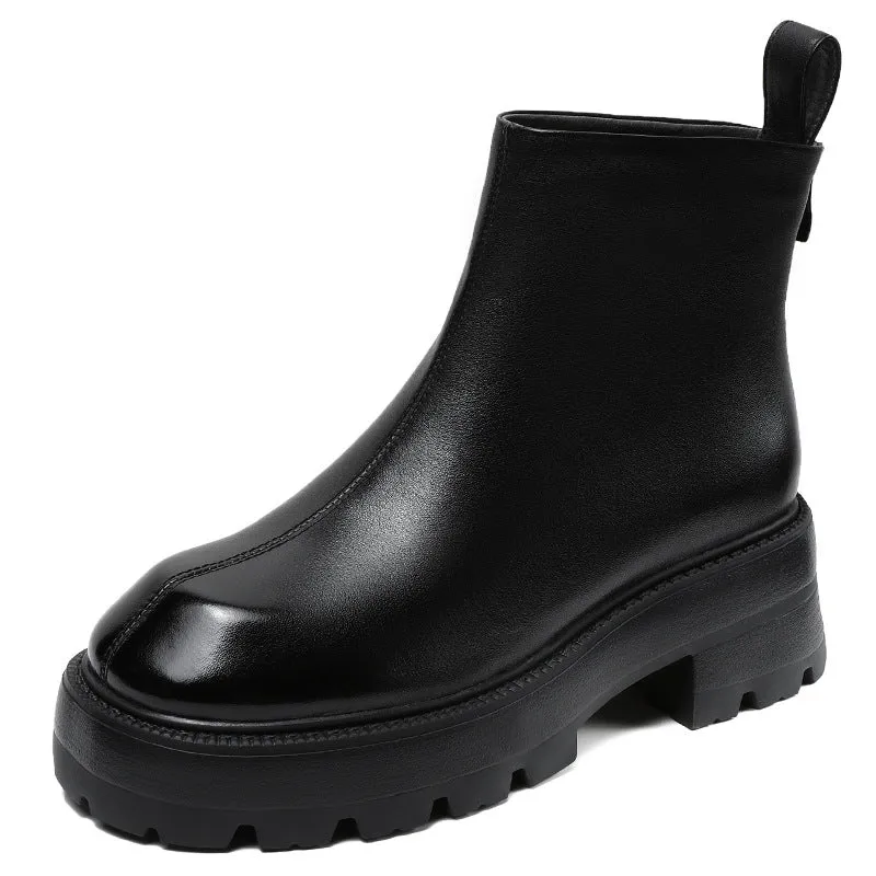 Women Minimalist Retro Leather Chunky Sole Boots