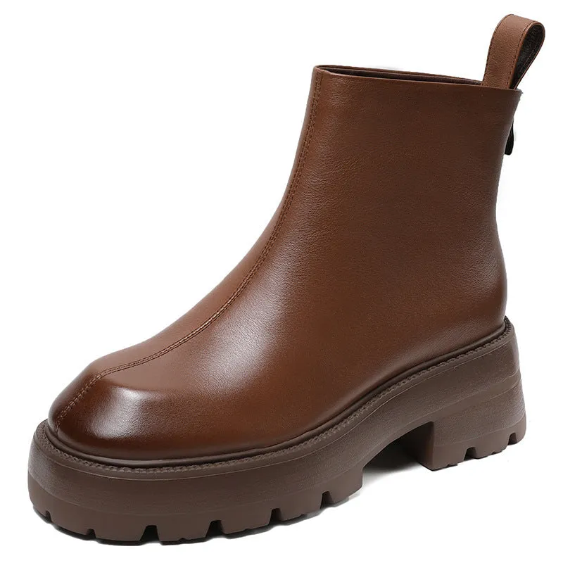 Women Minimalist Retro Leather Chunky Sole Boots
