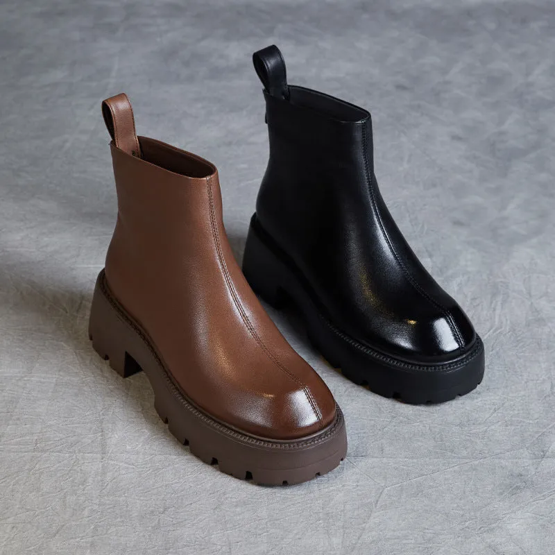 Women Minimalist Retro Leather Chunky Sole Boots