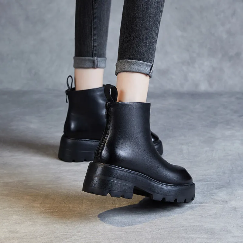 Women Minimalist Retro Leather Chunky Sole Boots