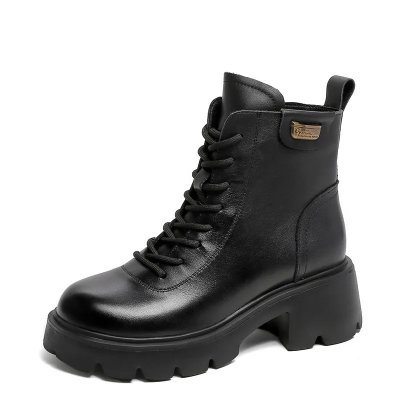 Women Retro Leather Minimalist Chunky Sole Boots