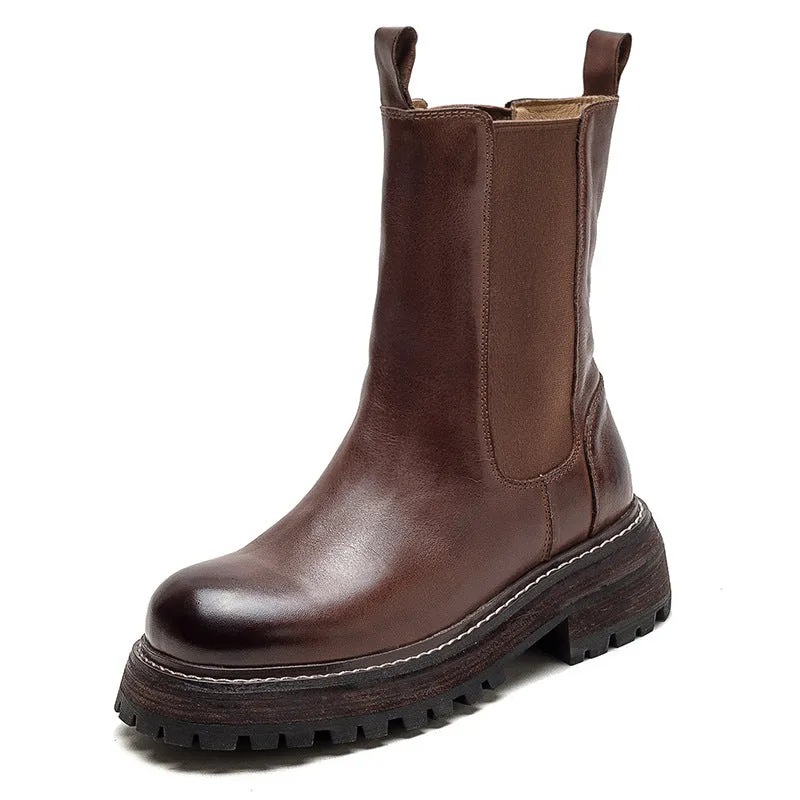 Women Retro Minimalist Leather Mid-Calf Boots