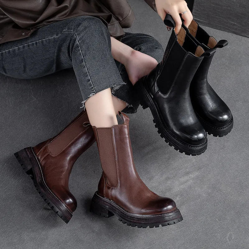 Women Retro Minimalist Leather Mid-Calf Boots