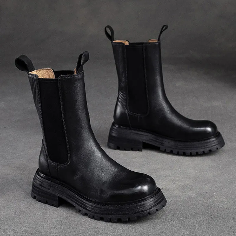 Women Retro Minimalist Leather Mid-Calf Boots