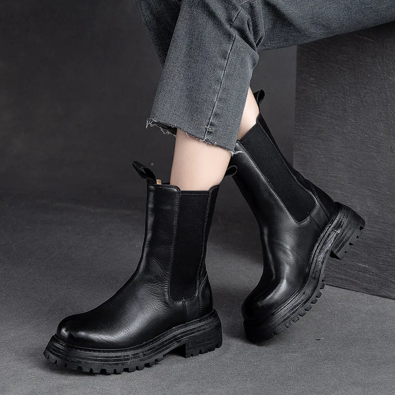 Women Retro Minimalist Leather Mid-Calf Boots