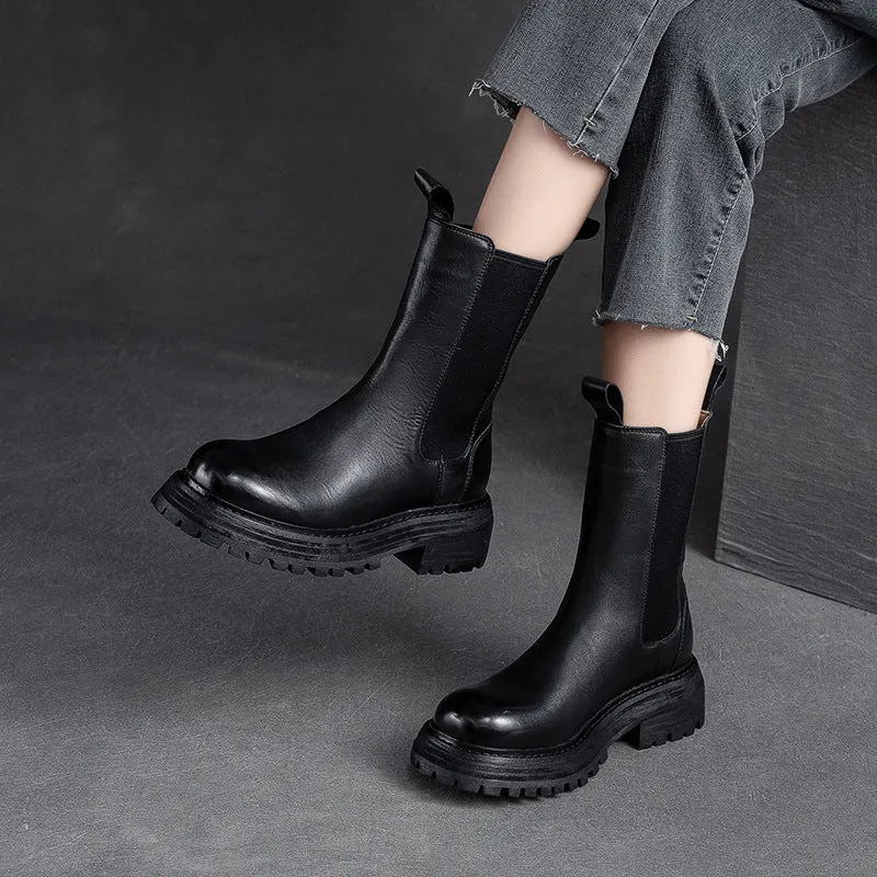 Women Retro Minimalist Leather Mid-Calf Boots