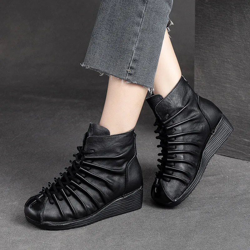 Women Retro Minimalist Leather Wedge Boots