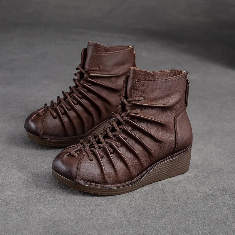 Women Retro Minimalist Leather Wedge Boots