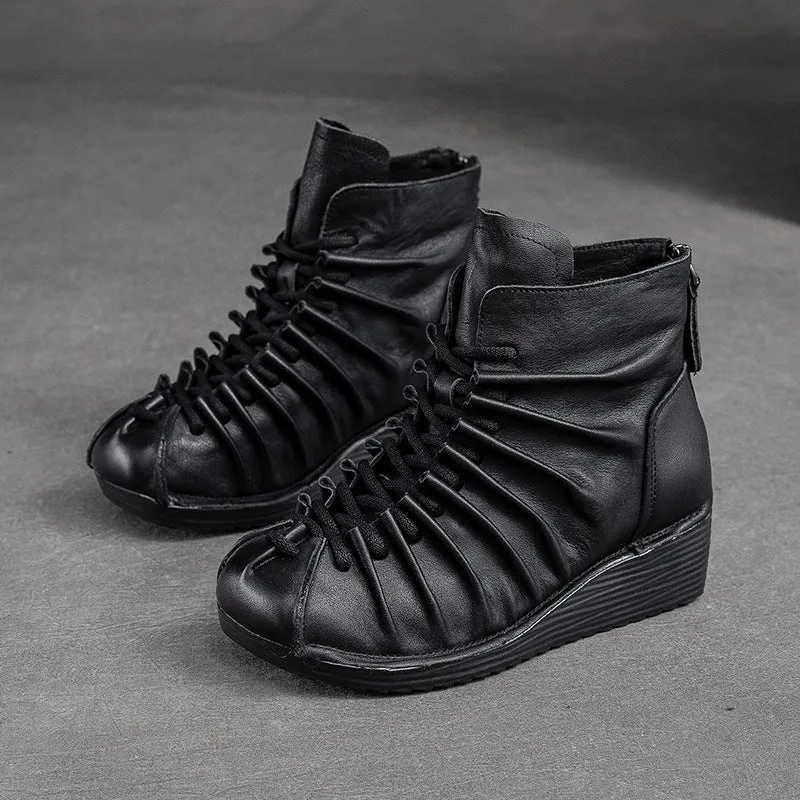 Women Retro Minimalist Leather Wedge Boots