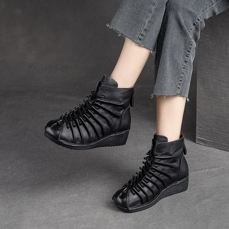 Women Retro Minimalist Leather Wedge Boots