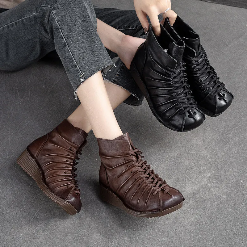 Women Retro Minimalist Leather Wedge Boots