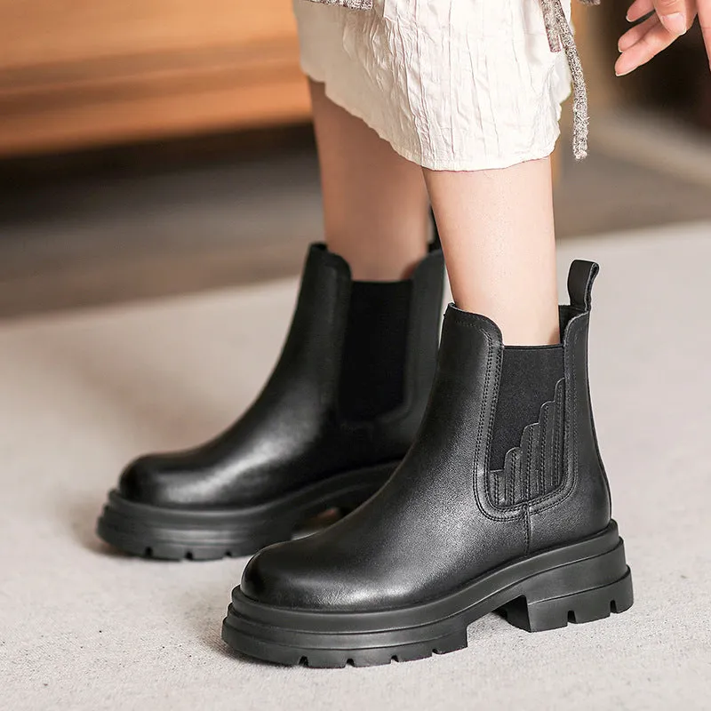 Women Retro Minimalist Soft Leather Thick Soled Boots