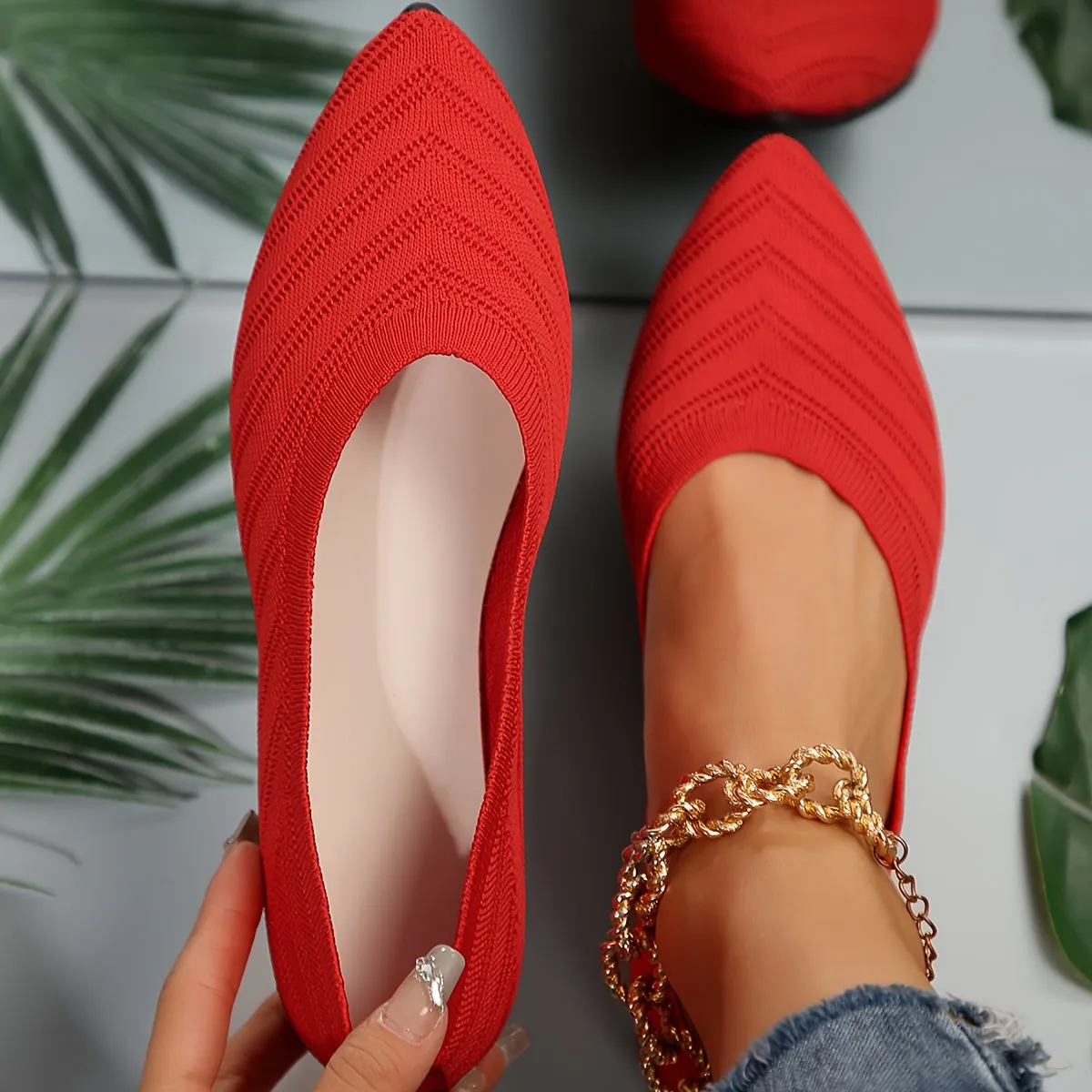 Women's Pointed Toe Flat Shoes, Solid Color Knitted Slip On Shoes, Casual Breathable Ballet Flats