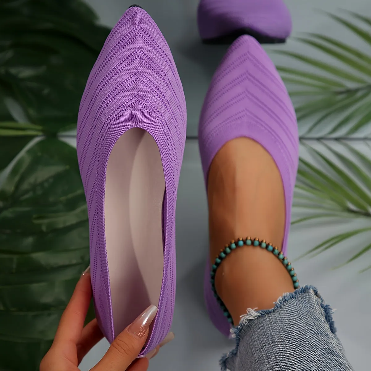 Women's Pointed Toe Flat Shoes, Solid Color Knitted Slip On Shoes, Casual Breathable Ballet Flats