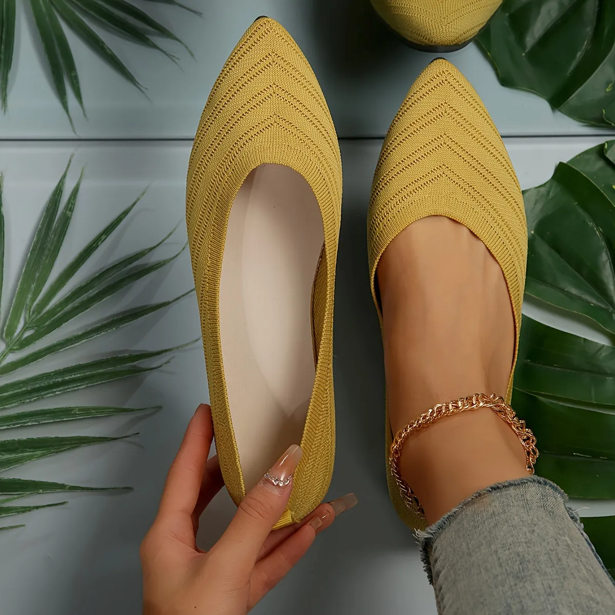 Women's Pointed Toe Flat Shoes, Solid Color Knitted Slip On Shoes, Casual Breathable Ballet Flats