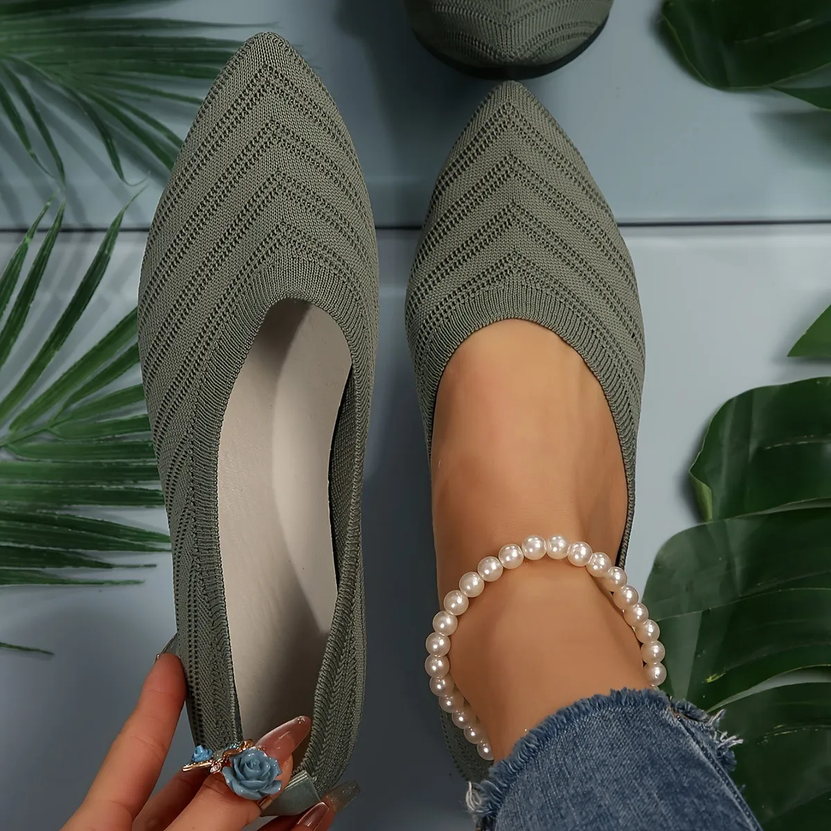 Women's Pointed Toe Flat Shoes, Solid Color Knitted Slip On Shoes, Casual Breathable Ballet Flats