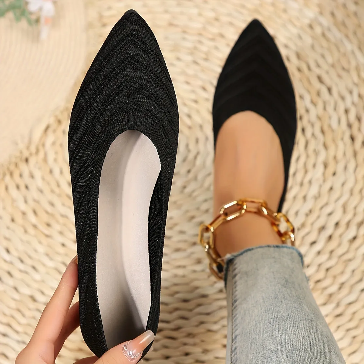 Women's Pointed Toe Flat Shoes, Solid Color Knitted Slip On Shoes, Casual Breathable Ballet Flats