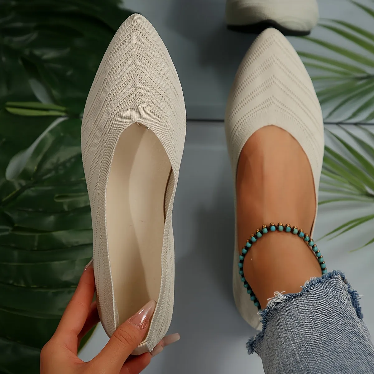 Women's Pointed Toe Flat Shoes, Solid Color Knitted Slip On Shoes, Casual Breathable Ballet Flats