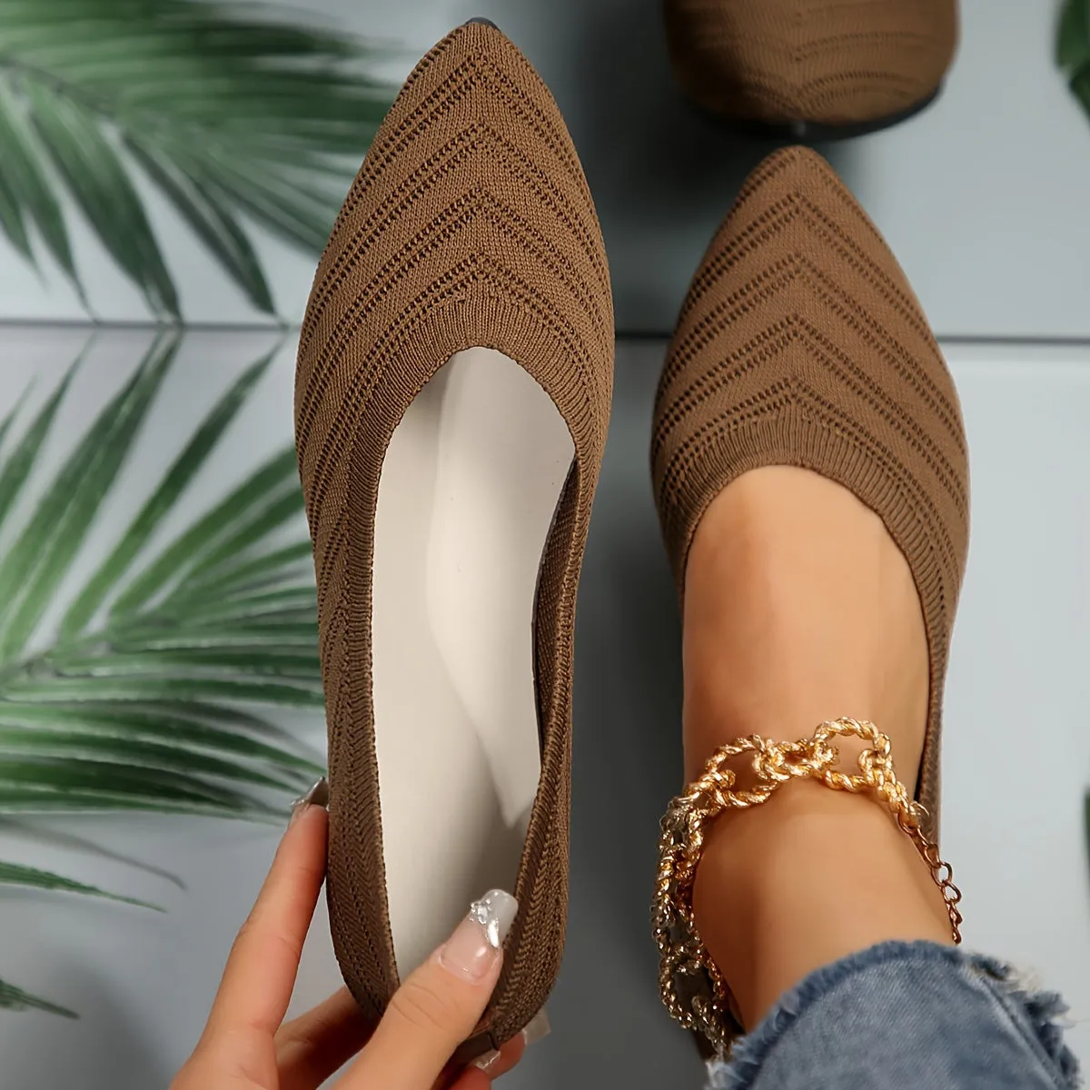 Women's Pointed Toe Flat Shoes, Solid Color Knitted Slip On Shoes, Casual Breathable Ballet Flats