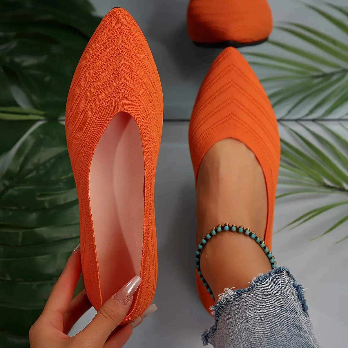 Women's Pointed Toe Flat Shoes, Solid Color Knitted Slip On Shoes, Casual Breathable Ballet Flats