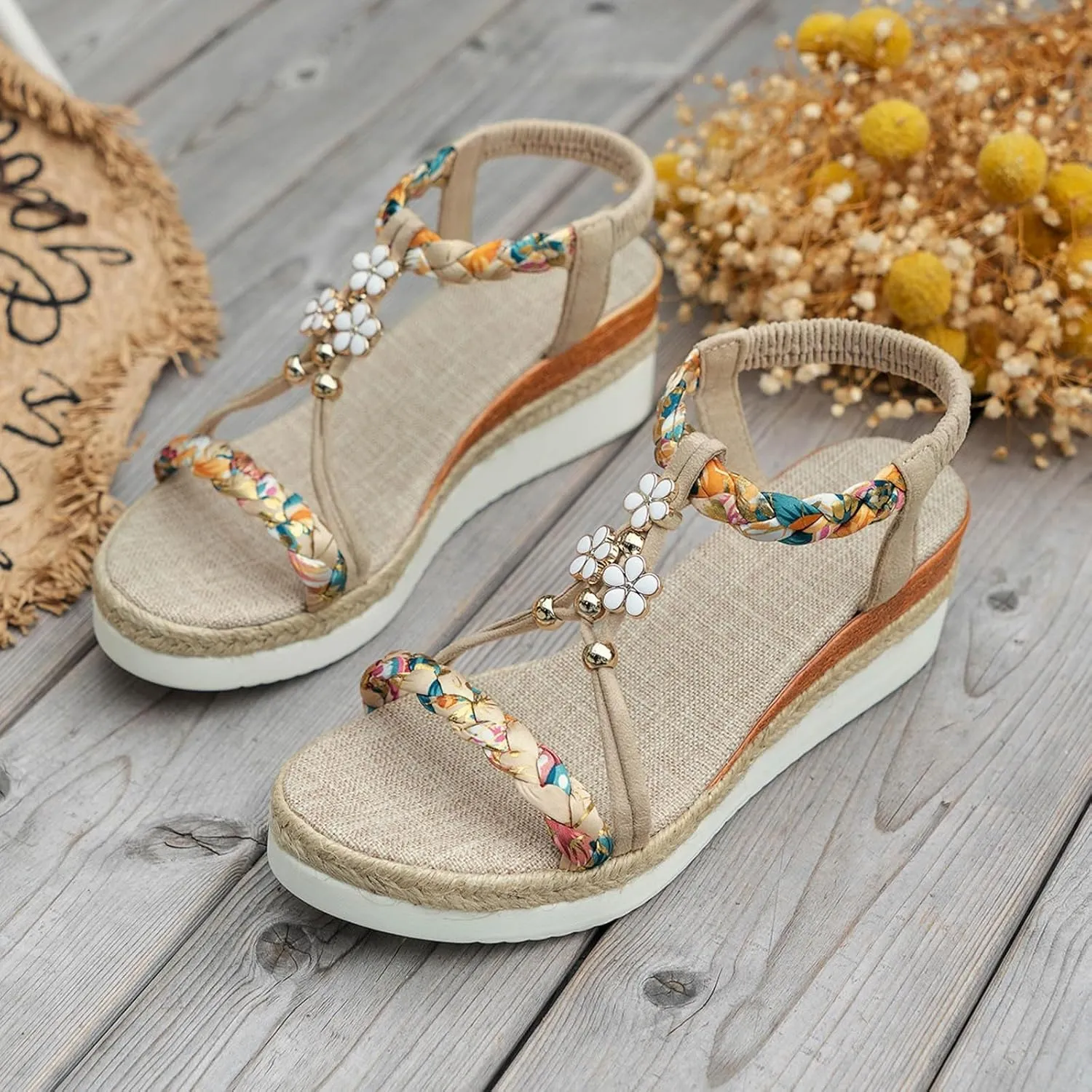 Women's Rhinestone Open Toe Summer Sandals Fashion Casual Bohemian Lace Flower Flip Flops Sandals for Women Dressy Wide Width Low Heel Wedding Party Dress Shoes